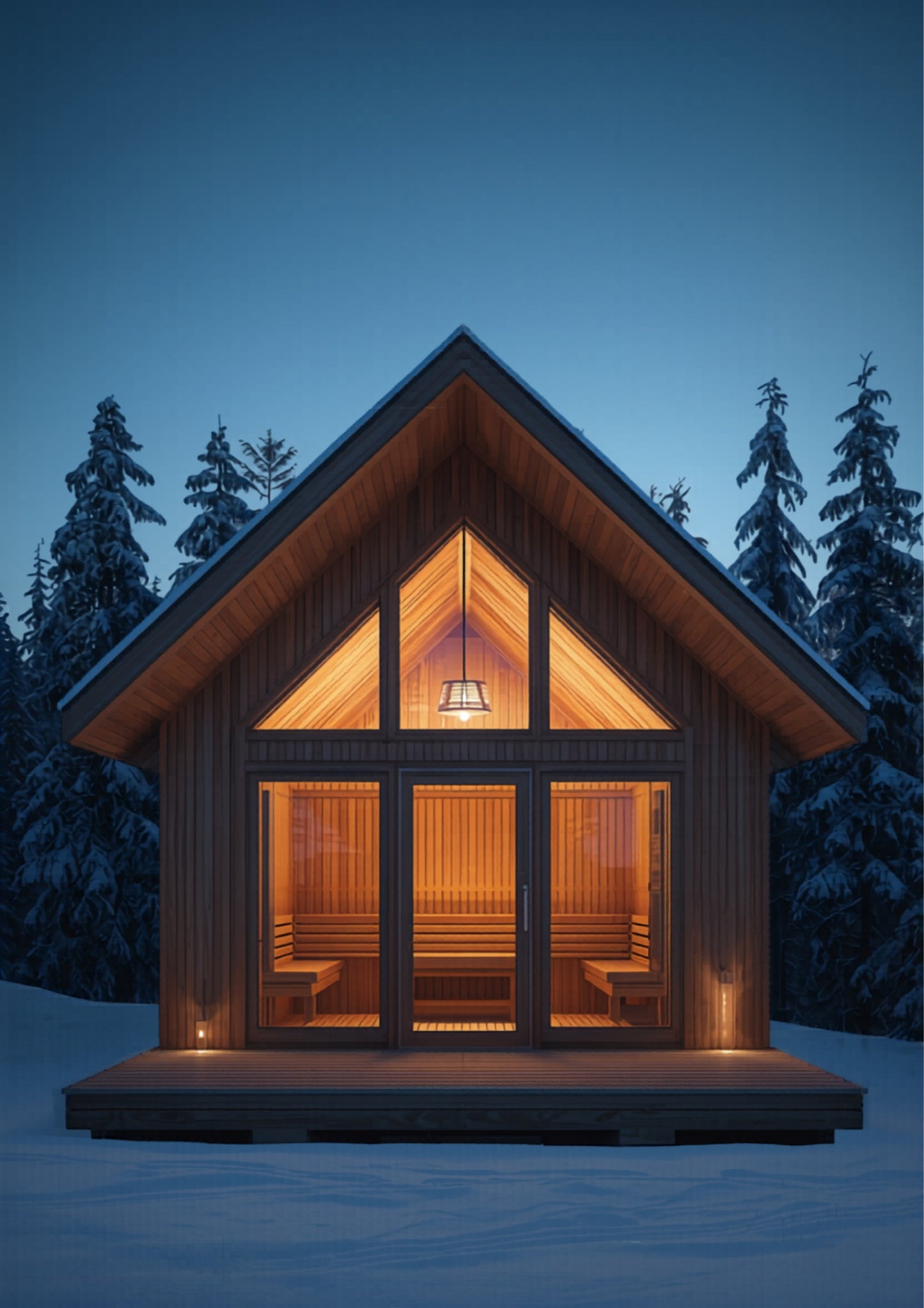 Fjell 6-Person Grand Cabin Sauna — floor-to-ceiling glass, wraparound deck, dusk Nordic setting