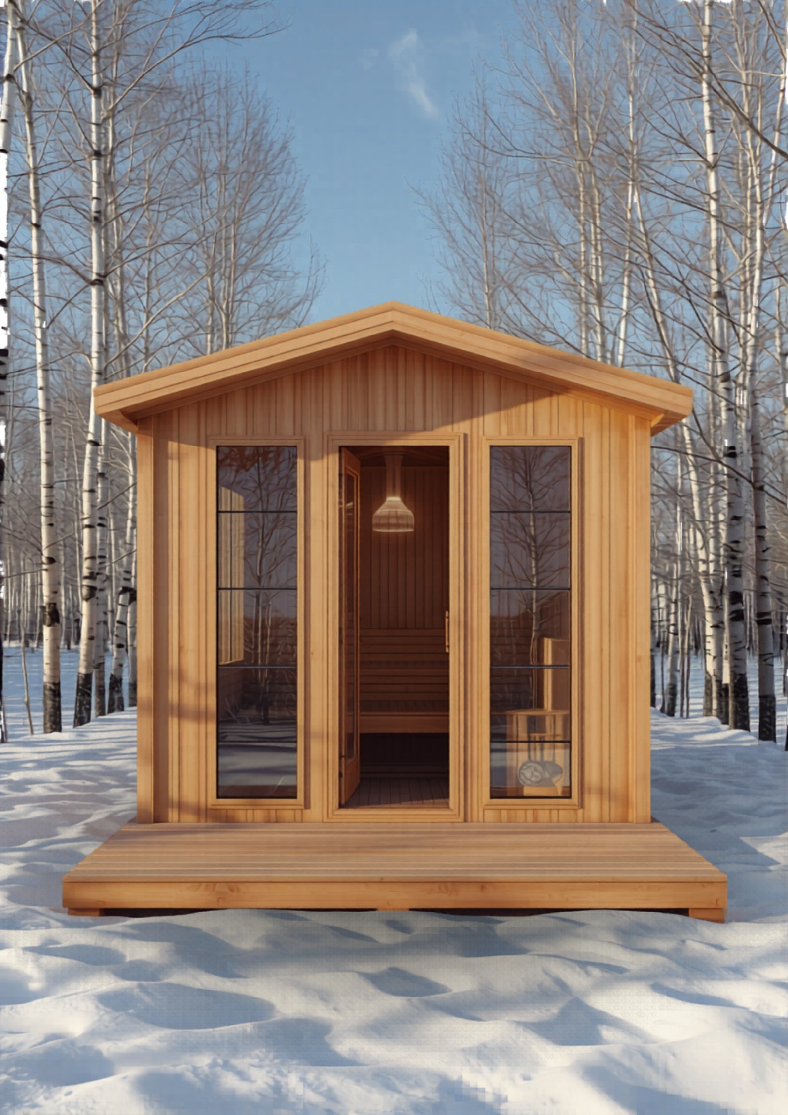 Lykke 4-Person Traditional Cabin Sauna — Western Red Cedar, pitched roof, Nordic winter setting