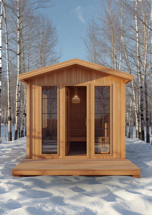 Lykke 4-Person Traditional Cabin Sauna — Western Red Cedar, pitched roof, Nordic winter setting
