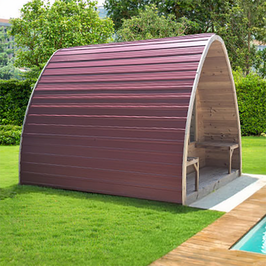 CT MiniPOD sauna fitted with a red metal roof