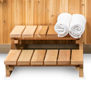 Two tier cedar step with a straight top tread for a cold plunge