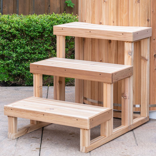 Three tier knotty red cedar steps for a cold plunge tub