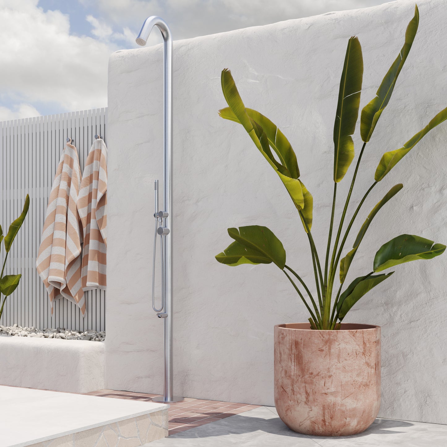 Wave outdoor shower installed poolside