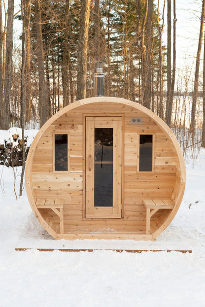 CT Elation sauna front elevation showing the narrow vertical windows either side of the door