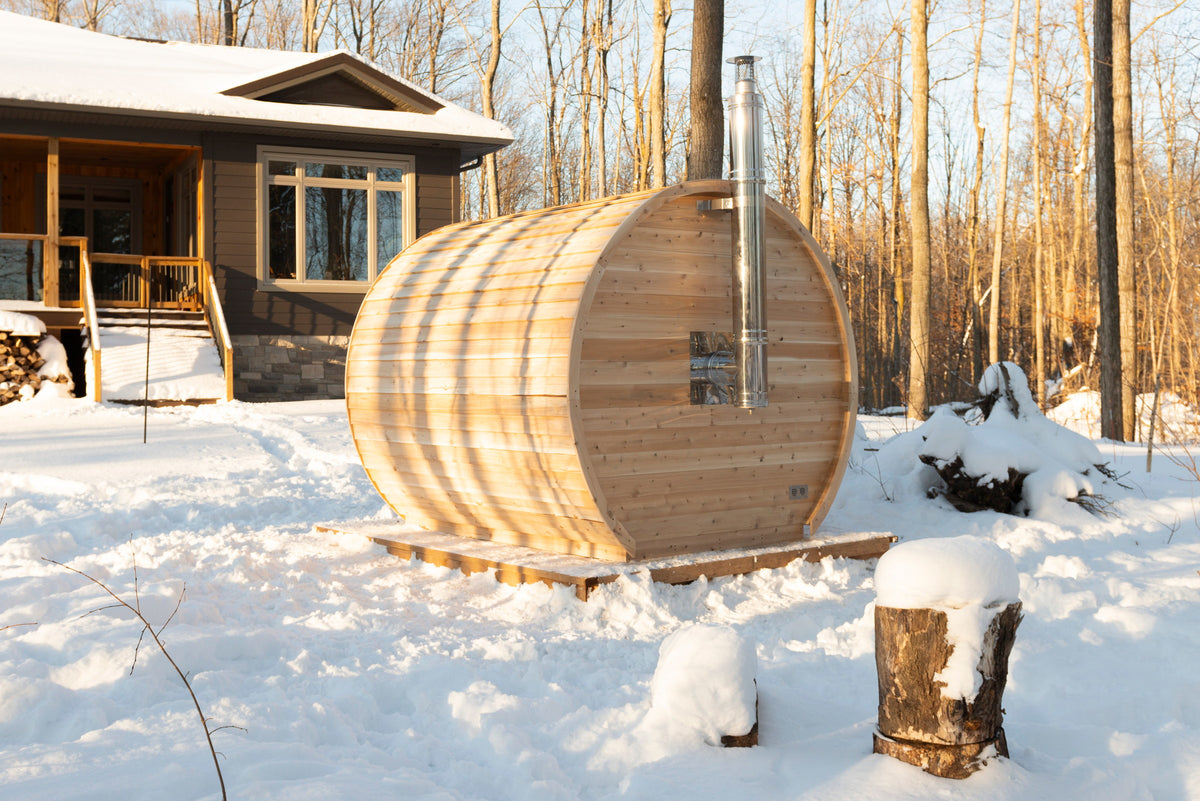 CT Elation sauna side view showing the barrel profile and cedar cradles