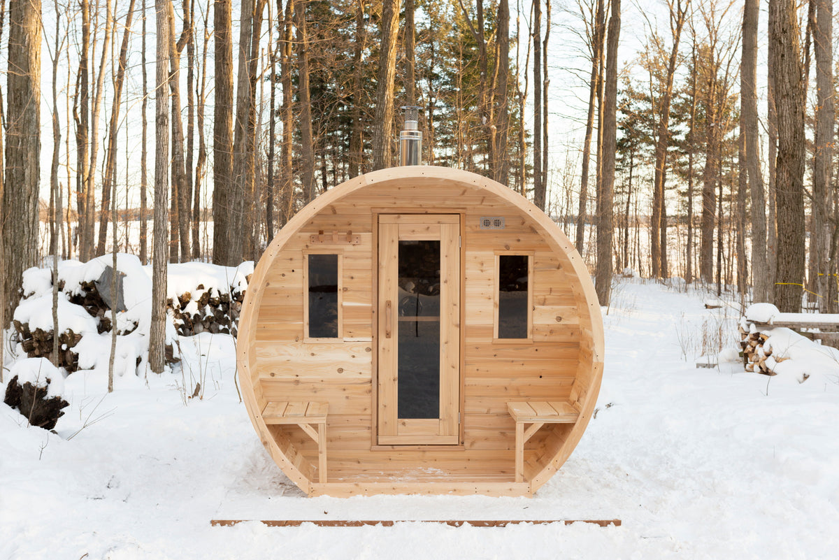 CT Elation sauna angled front view with the porch overhang and side benches