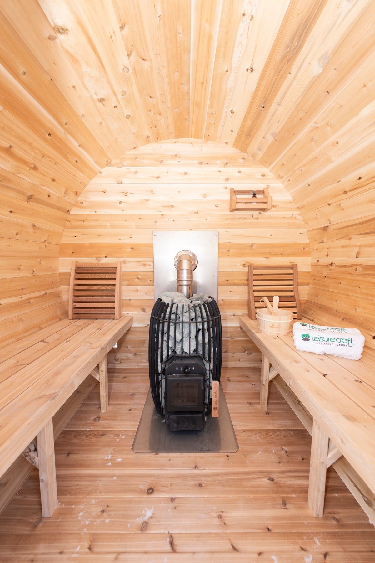 CT Elation sauna interior looking down the barrel to the heater and rear wall