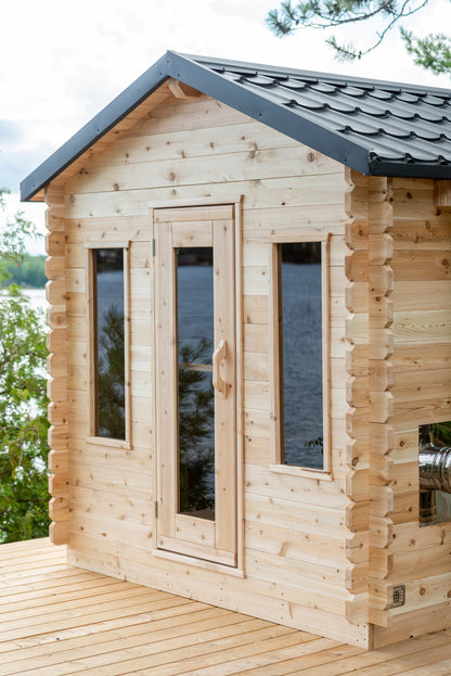 CT Georgian cabin sauna front elevation showing the door and twin windows