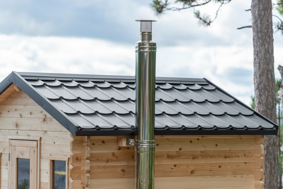 CT Georgian cabin sauna black metal roof and chimney flashing detail