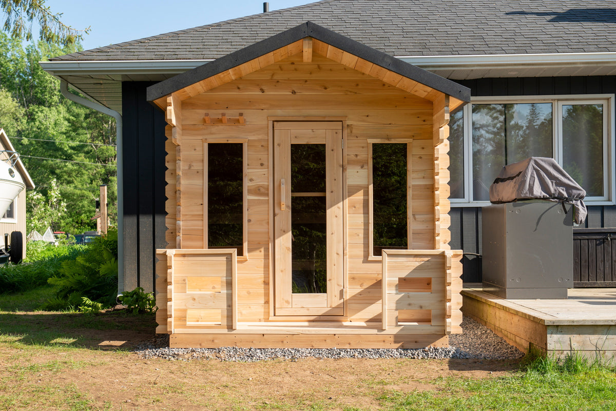 CT Georgian cabin sauna in the With Porch configuration, showing the covered porch