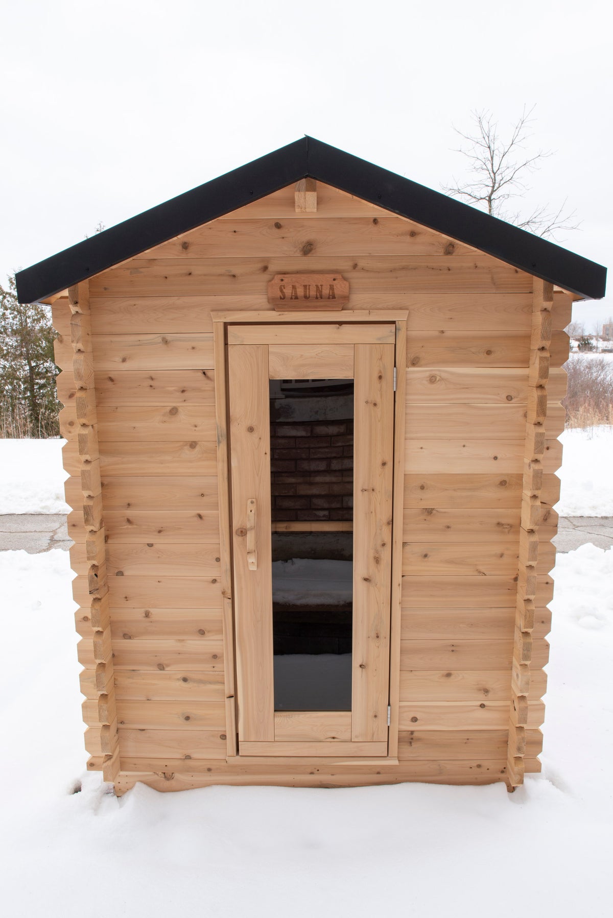 CT Granby cabin sauna front elevation with the gable roof and window door