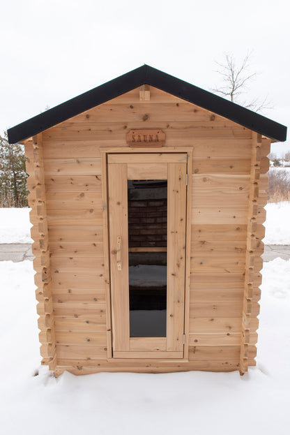 CT Granby cabin sauna front elevation with the gable roof and window door