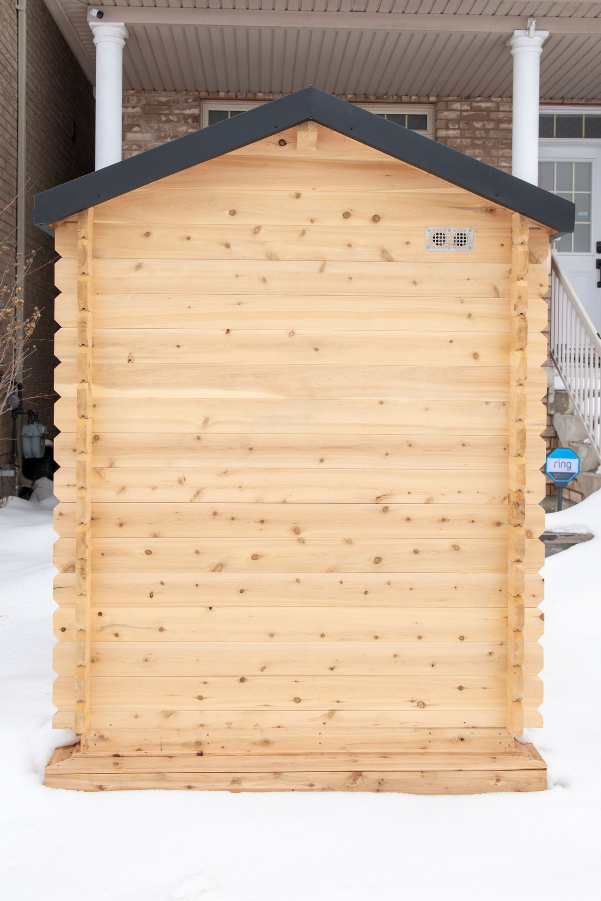 CT Granby cabin sauna sited under a covered porch