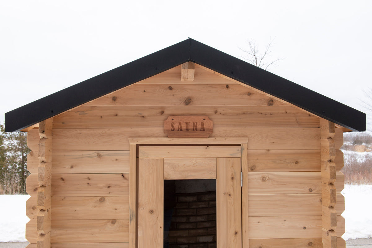CT Granby cabin sauna door and gable with the Granby nameplate