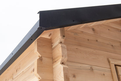 CT Granby cabin sauna eave and soffit showing the roof overhang
