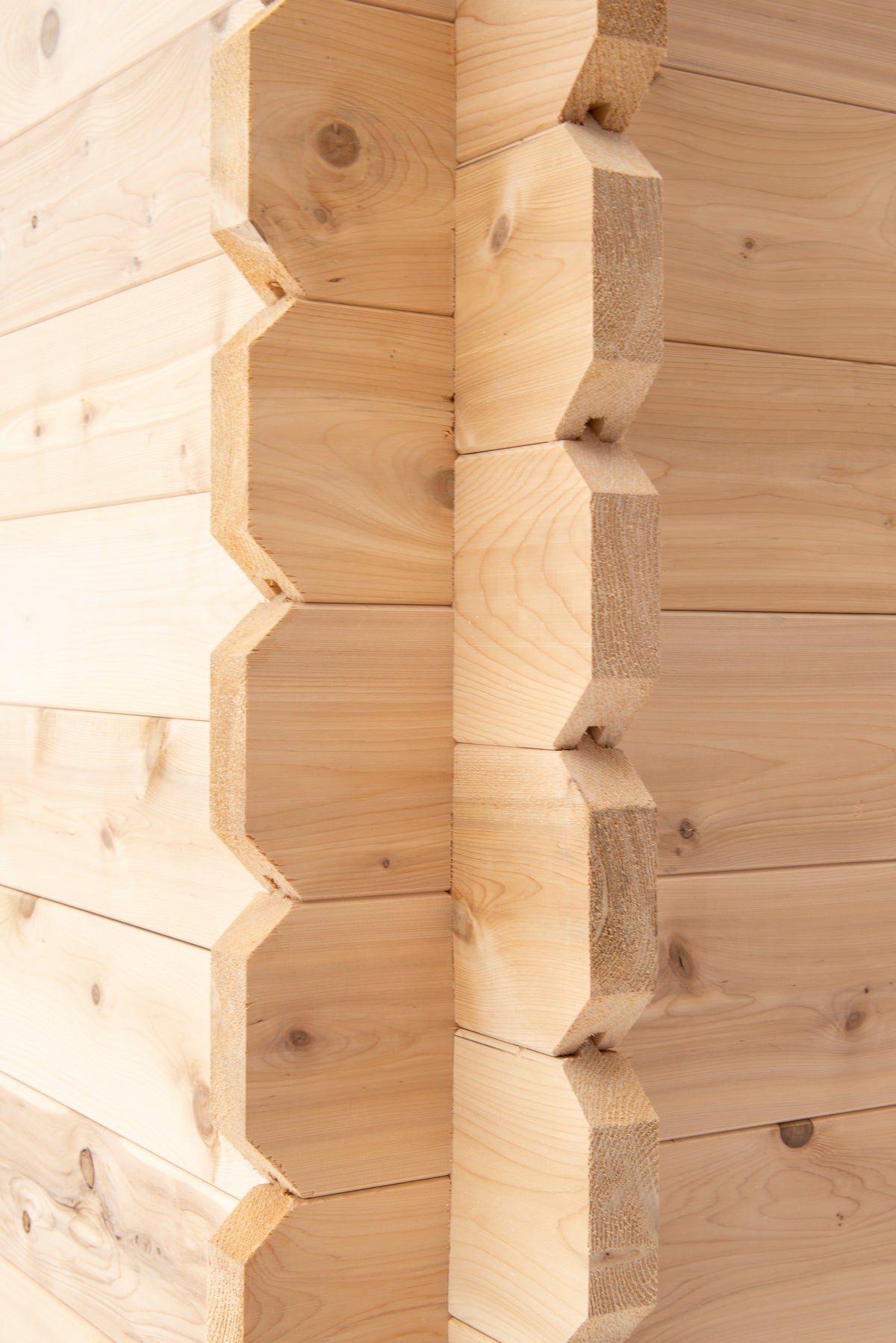 Interlocking log corner joinery on the CT Granby cabin sauna