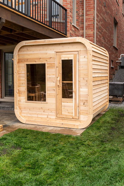 CT Luna sauna exterior angled view showing cedar cladding and glass front