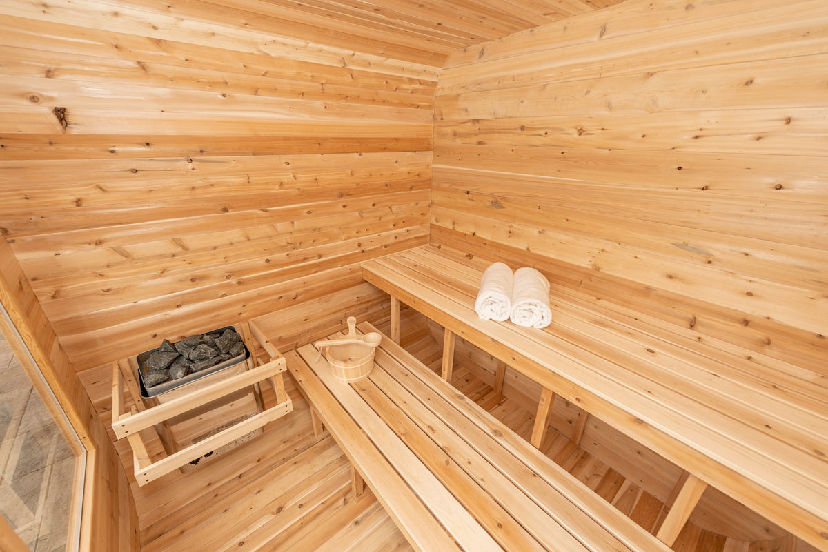 CT Luna sauna interior with tiered Eastern White Cedar benches