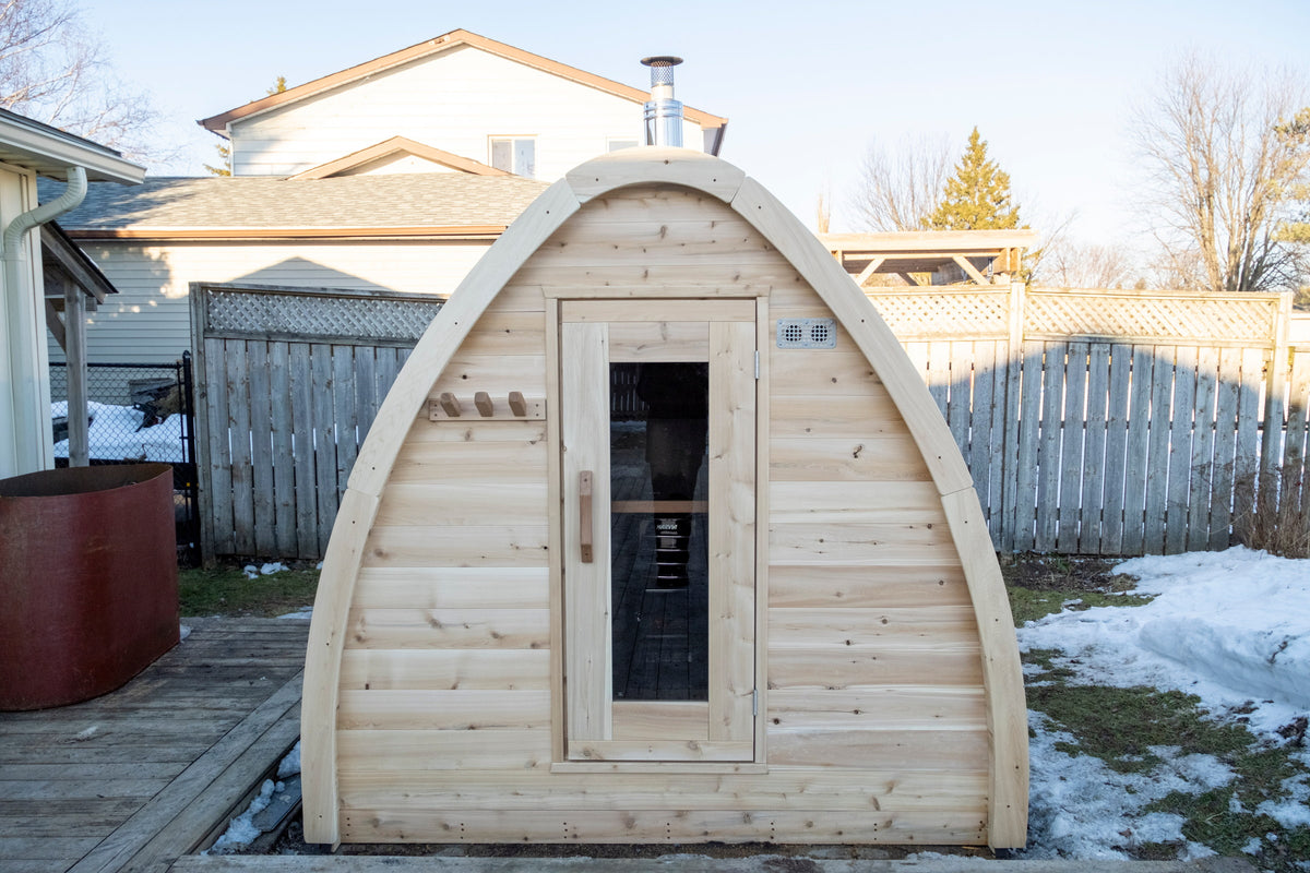 CT MiniPOD sauna front elevation with the cedar door closed