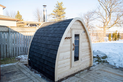 CT MiniPOD sauna side view showing the full pod depth and asphalt shingle roof