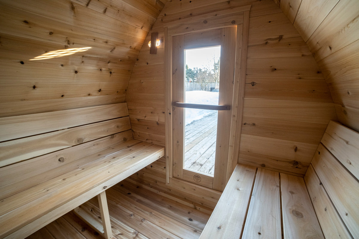 CT MiniPOD sauna interior window looking out over the snow