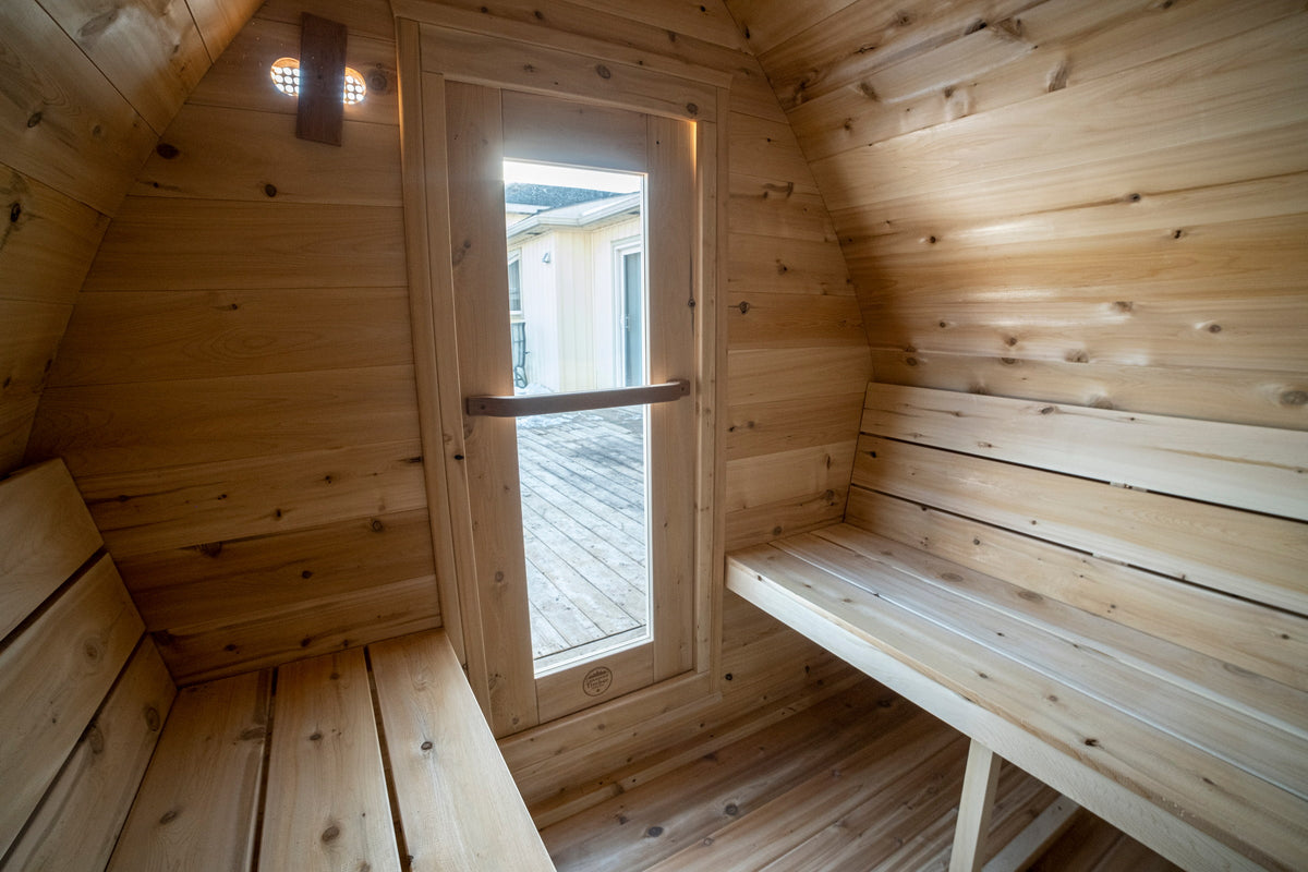 CT MiniPOD sauna interior window and bench with the deck visible outside