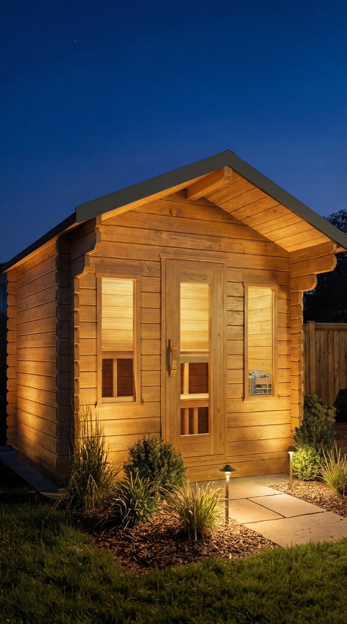 CT Palmer cabin sauna in Eastern White Cedar, exterior at dusk with the interior lit
