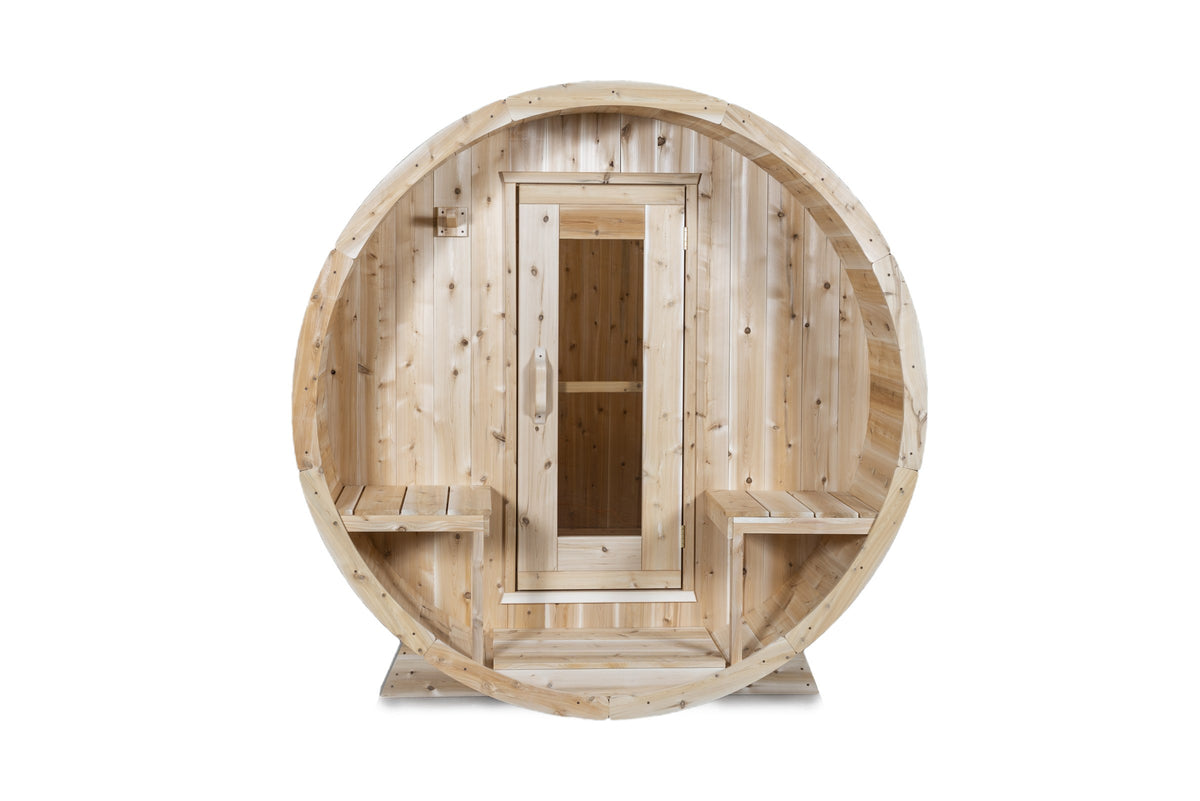CT Serenity barrel sauna front elevation showing porch benches and standard window door