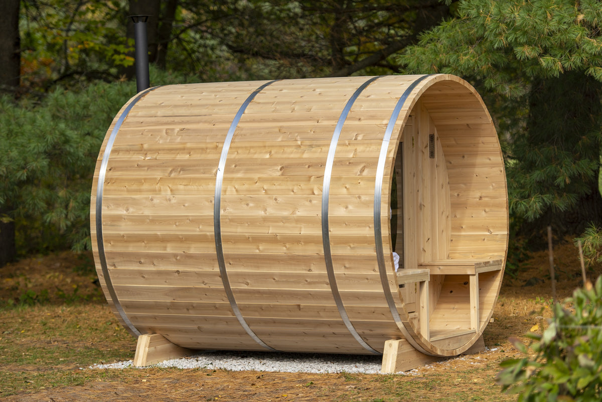 CT Serenity barrel sauna rear three-quarter view showing galvanized steel bands and cedar staves