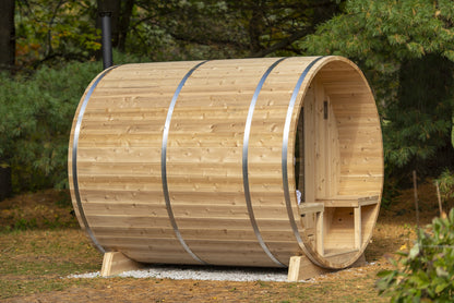 CT Serenity barrel sauna rear three-quarter view showing galvanized steel bands and cedar staves