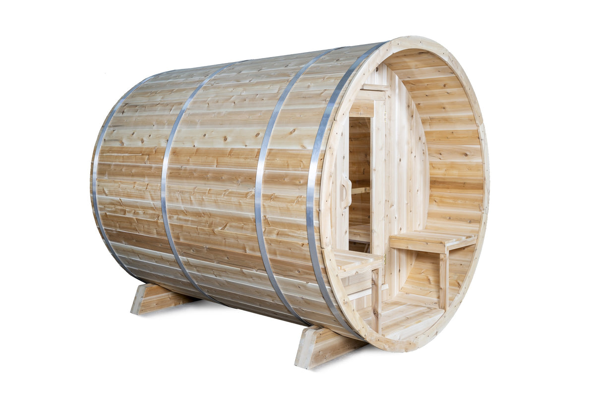 CT Serenity barrel sauna side profile on white background showing full 94.5 inch barrel length