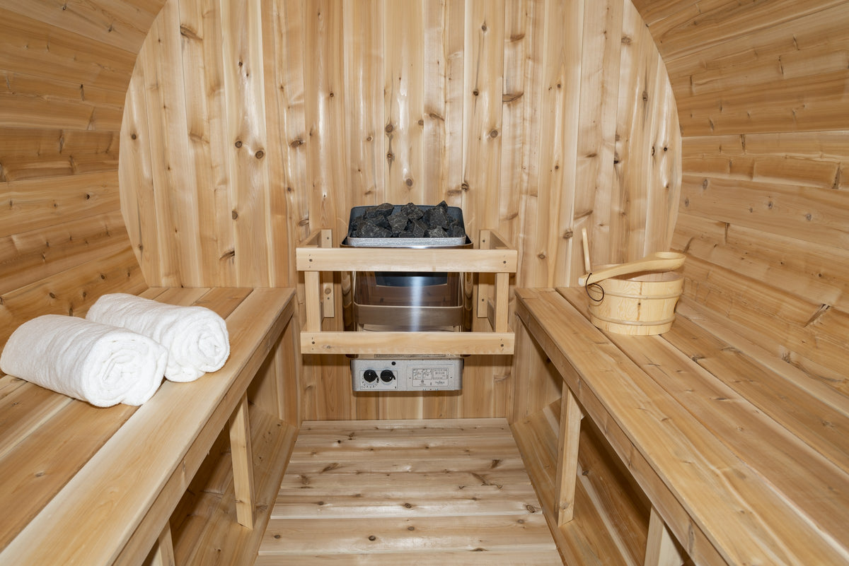 CT Serenity sauna interior with electric heater, guard rail and cedar bucket