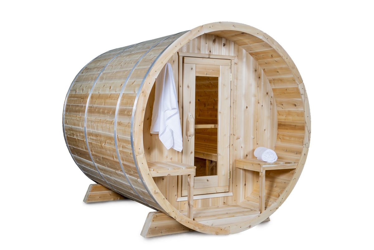CT Serenity barrel sauna three-quarter studio view with towels on porch benches