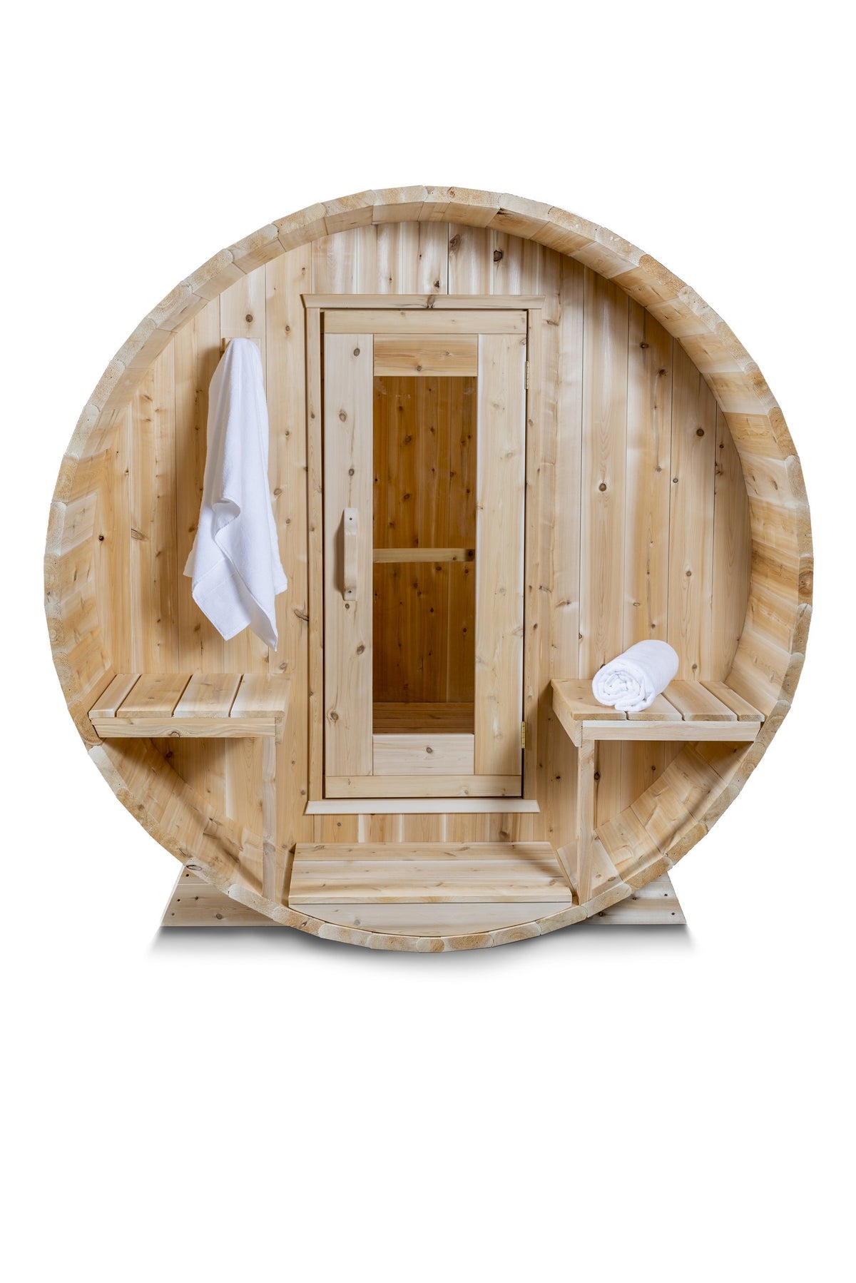 CT Serenity barrel sauna front view with open door and porch bench detail