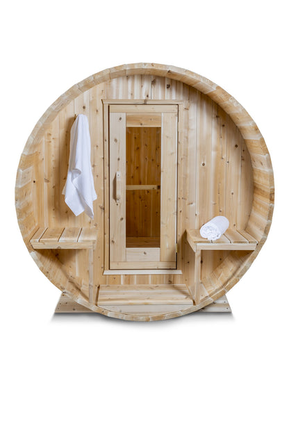 CT Serenity barrel sauna front view with open door and porch bench detail