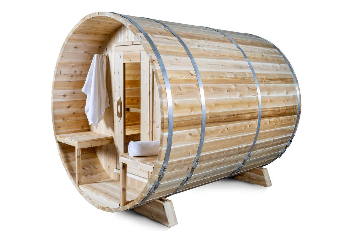 CT Serenity barrel sauna opposite three-quarter view showing barrel construction and support cradles
