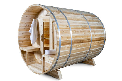 CT Serenity barrel sauna opposite three-quarter view showing barrel construction and support cradles
