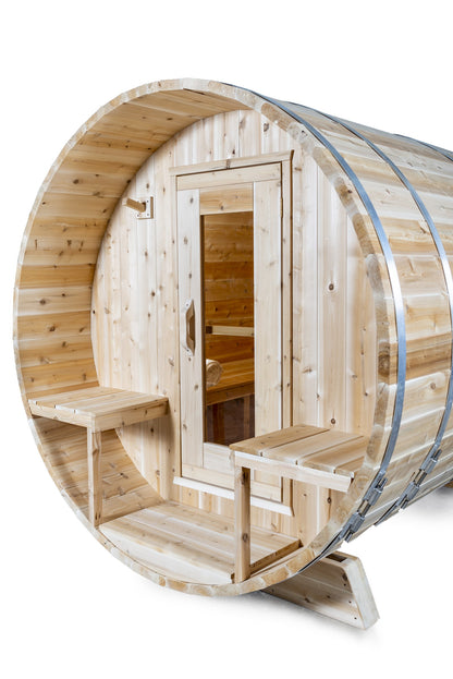 CT Serenity sauna porch bench and door detail in eastern white cedar