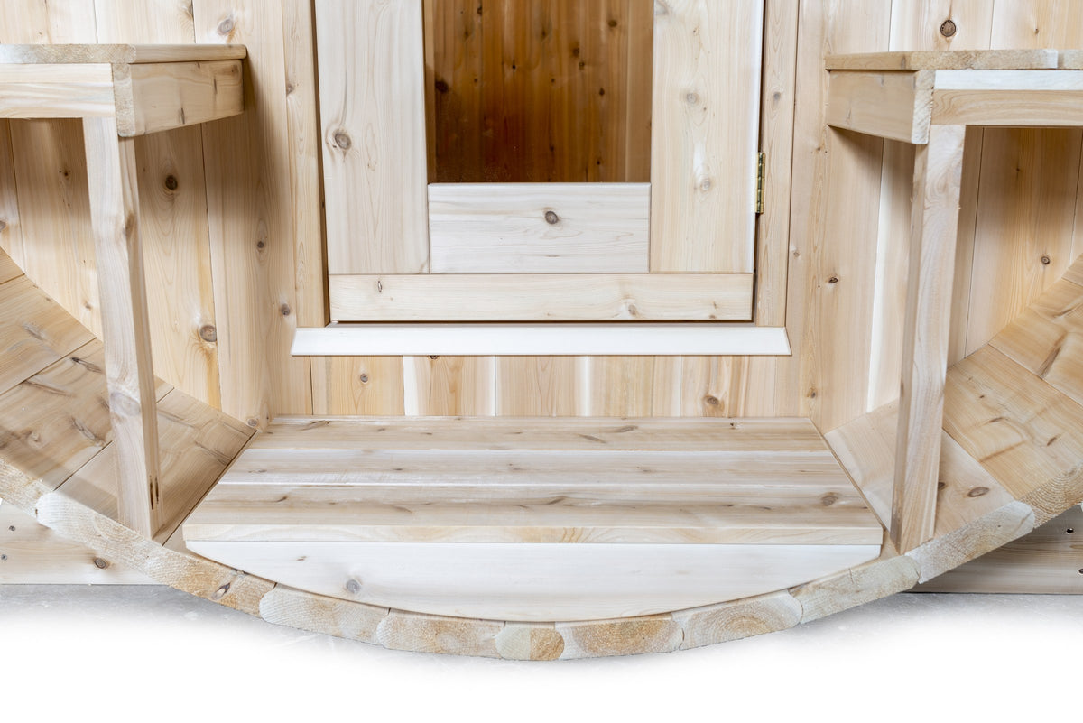 CT Serenity sauna porch decking and threshold detail showing cedar joinery