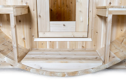 CT Serenity sauna porch decking and threshold detail showing cedar joinery