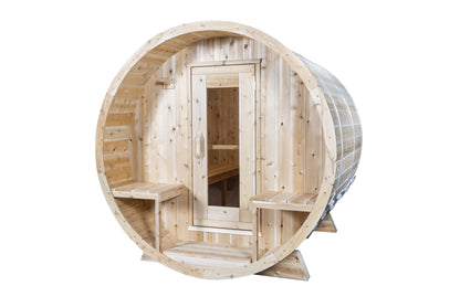 CT Serenity barrel sauna front view with door open showing interior benches