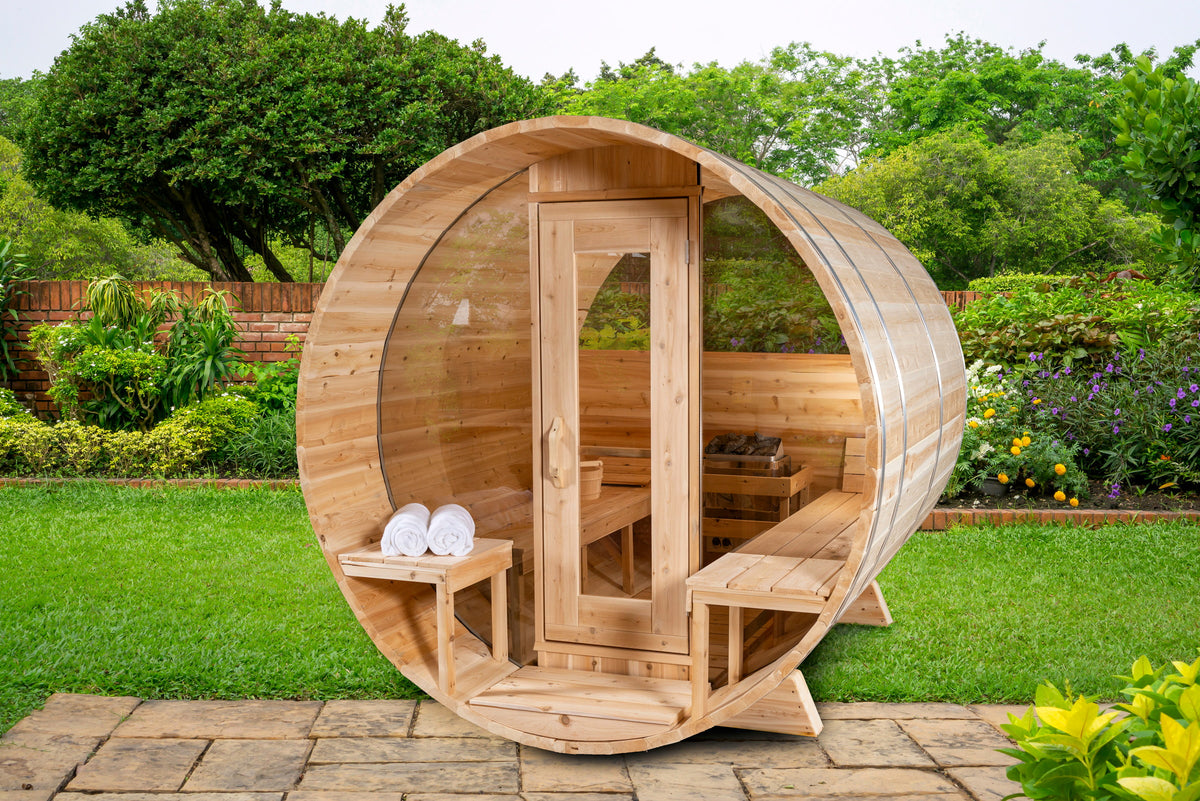 CT Serenity barrel sauna in the Half-Moon Windows configuration, front elevation with curved glazing either side of the door