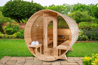 CT Serenity barrel sauna in the Half-Moon Windows configuration, front elevation with curved glazing either side of the door