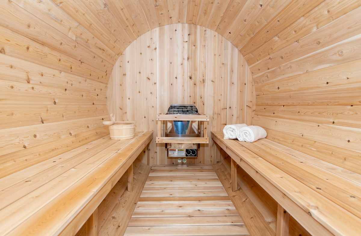 CT Tranquility sauna interior looking down the length of the barrel to the heater