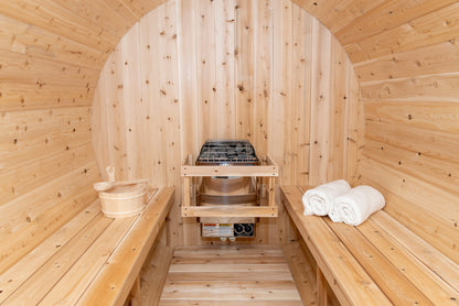CT Tranquility sauna interior with facing cedar benches and the electric heater