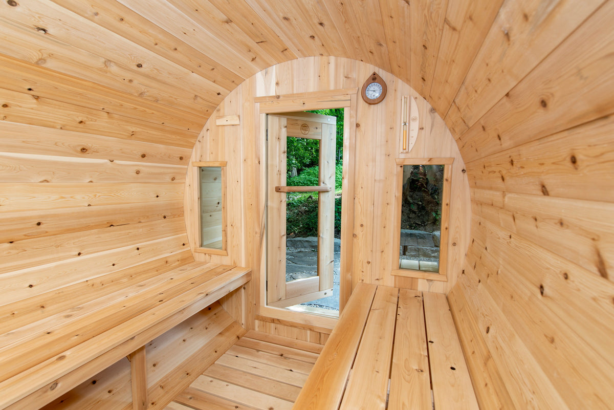 CT Tranquility sauna interior looking back toward the window door