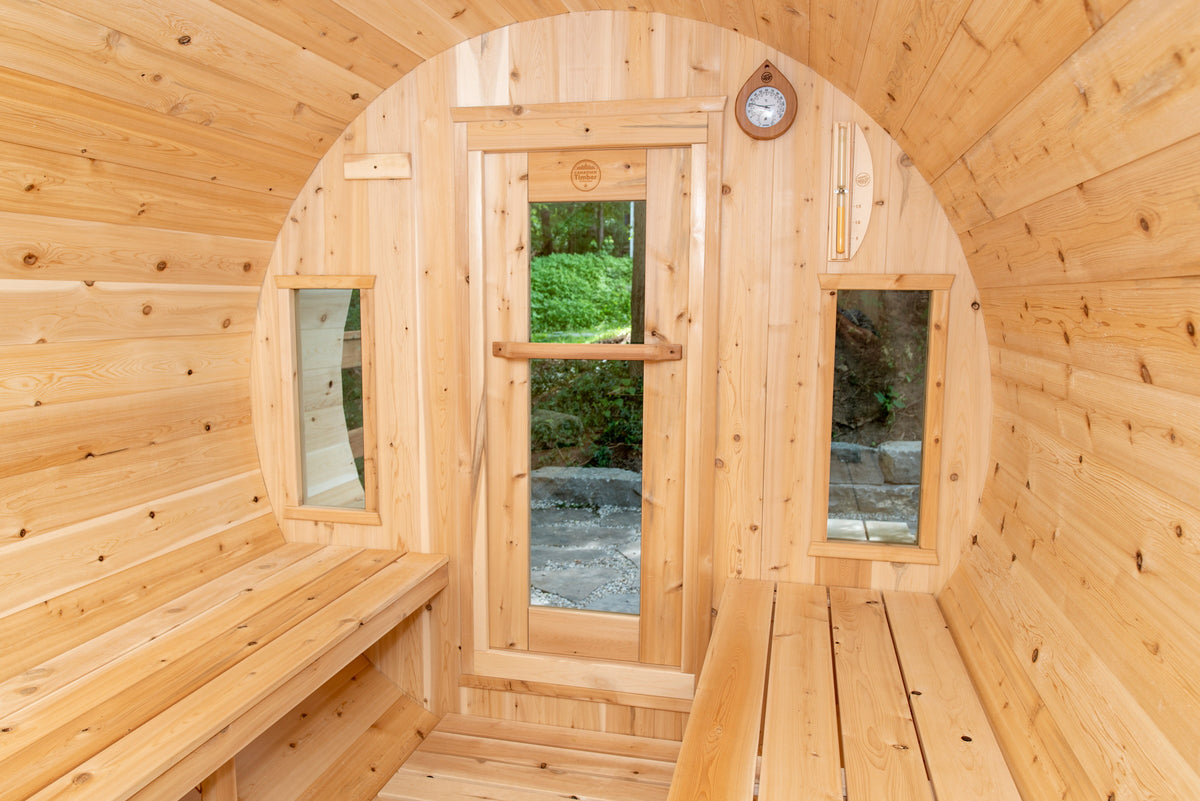 CT Tranquility sauna interior showing the two side windows and bench return