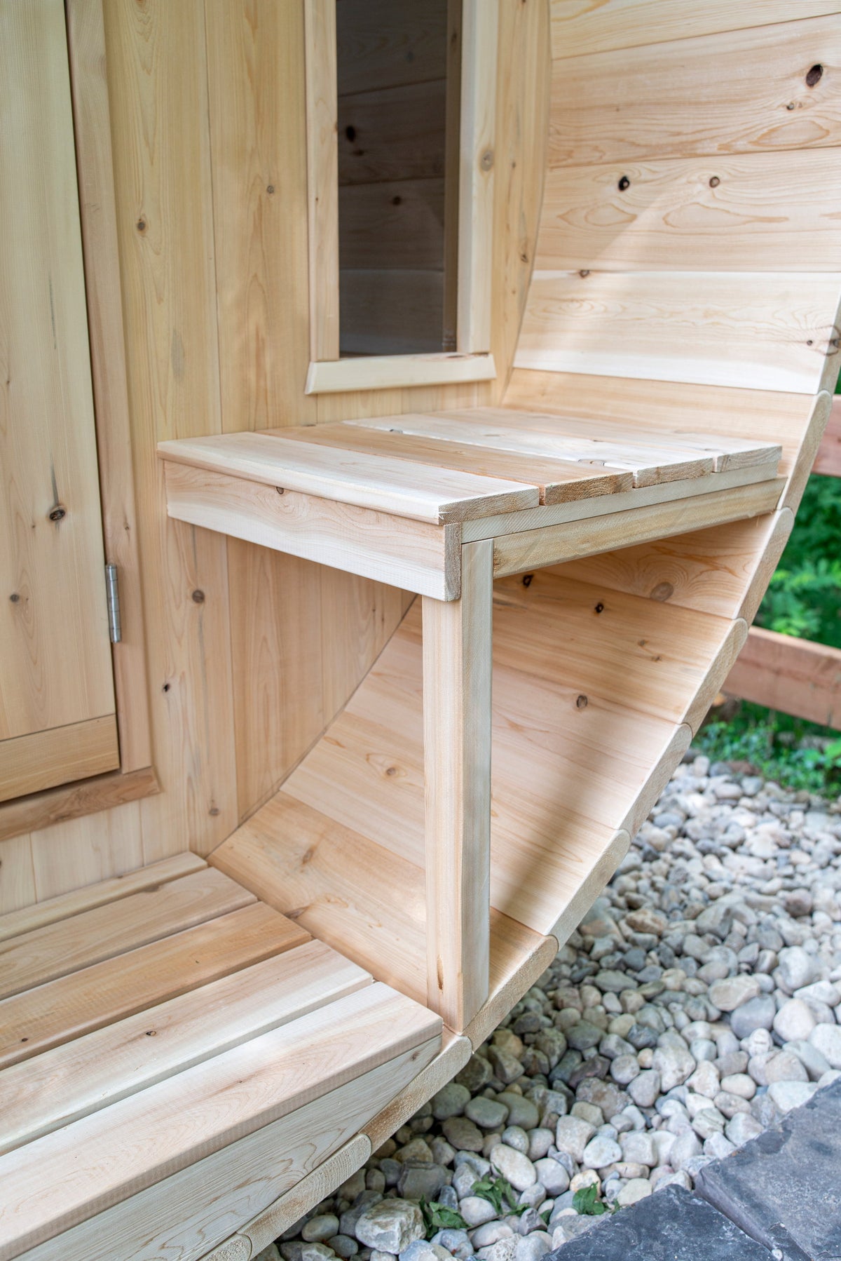 CT Tranquility sauna porch bench and cedar decking detail