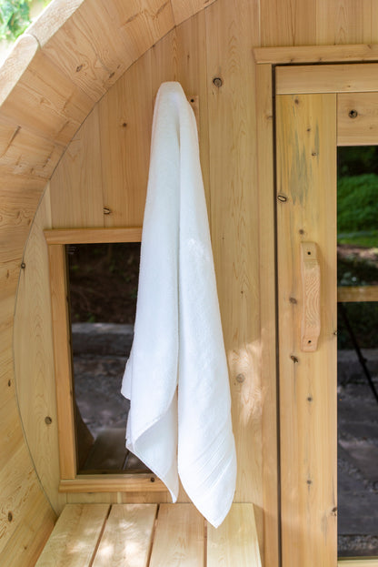 CT Tranquility sauna porch upright with a white towel hung beside the door