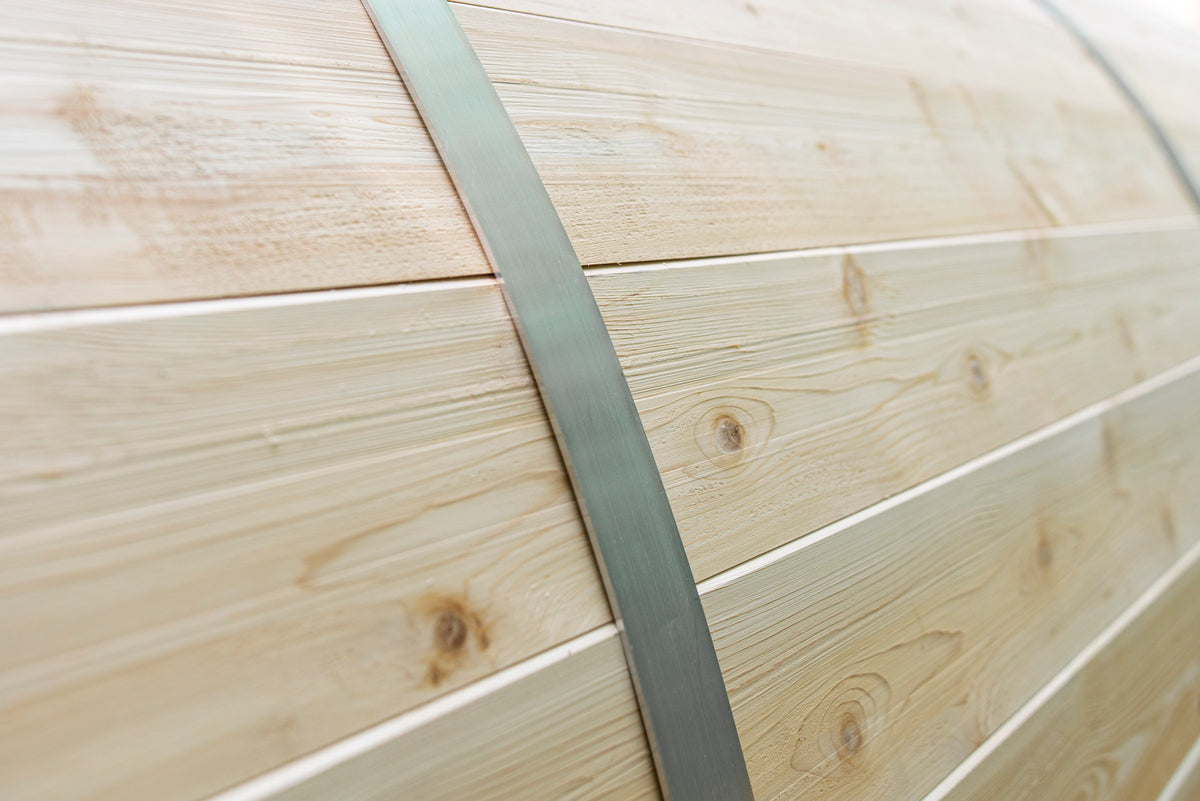 Aluminum band and cedar stave detail on the CT Tranquility barrel sauna